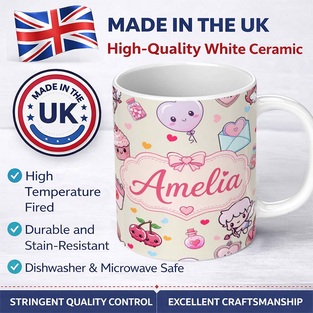Personalized Custom Name Cute Cupid Angels Hearts Sweets Love Theme Seamless Pattern Name 11oz Ceramic Coffee Tea Mug White Large Handle