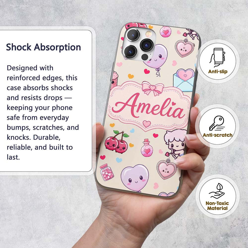 Cute Cupid Angels Hearts Sweets Printed Design Custom Name Protective Phone Case Mobile Cover Durable Everyday Smartphone Shock Resistant