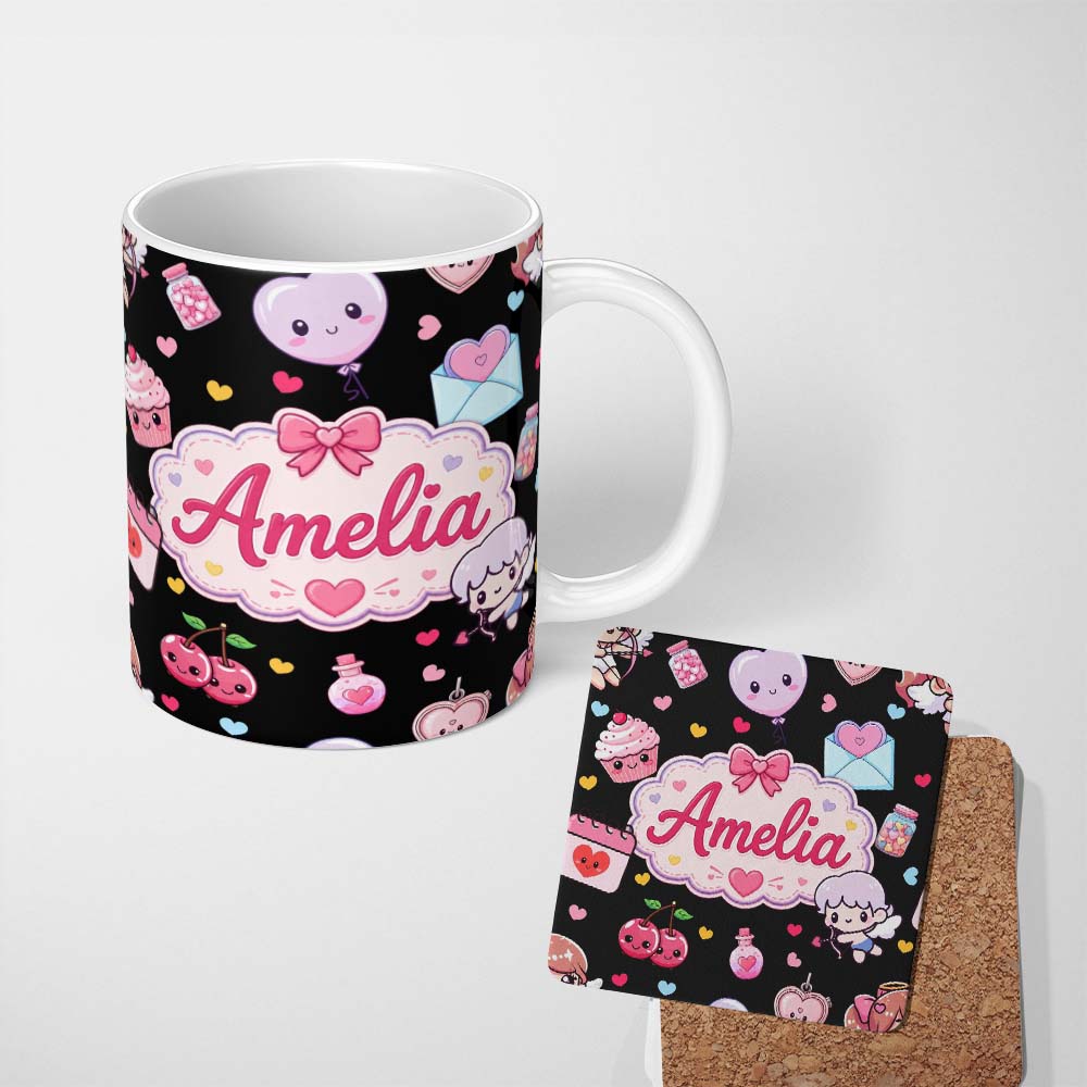 Personalized Custom Name Cute Cupid Angels Hearts Sweets Black Background Seamless Pattern 11oz Ceramic Coffee Tea Mug White Large Handle