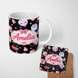 Personalized Custom Name Cute Cupid Angels Hearts Sweets Black Background Seamless Pattern 11oz Ceramic Coffee Tea Mug White Large Handle