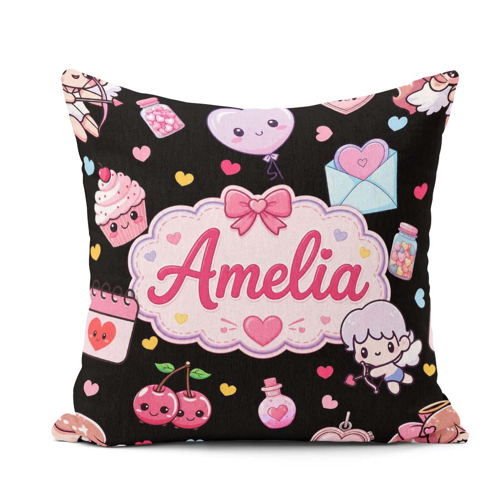 Custom Name Cupid Angels Hearts Sweets Black Background Seamless Square Filled Cushion Throw Pillow Sofa Bed Home Decor Zip Washable UK Made