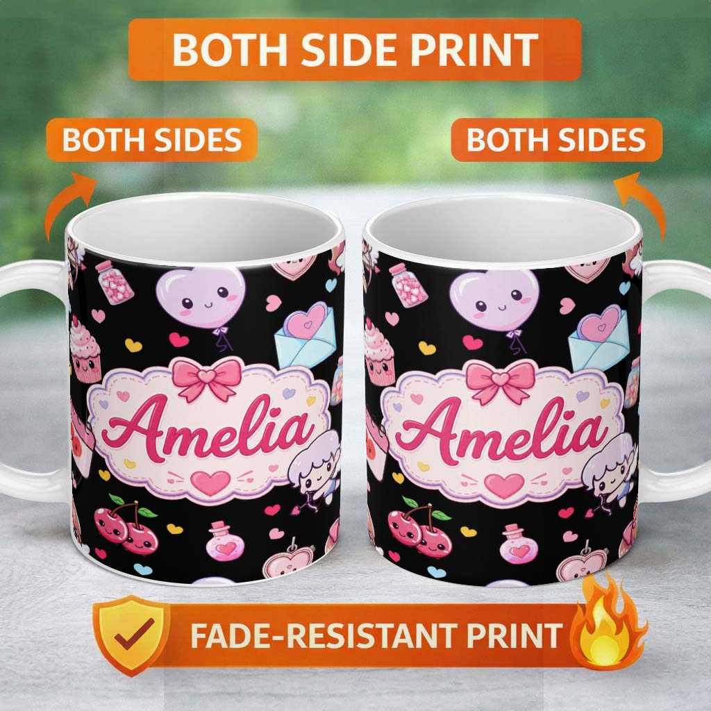 Personalized Custom Name Cute Cupid Angels Hearts Sweets Black Background Seamless Pattern 11oz Ceramic Coffee Tea Mug White Large Handle