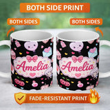 Personalized Custom Name Cute Cupid Angels Hearts Sweets Black Background Seamless Pattern 11oz Ceramic Coffee Tea Mug White Large Handle