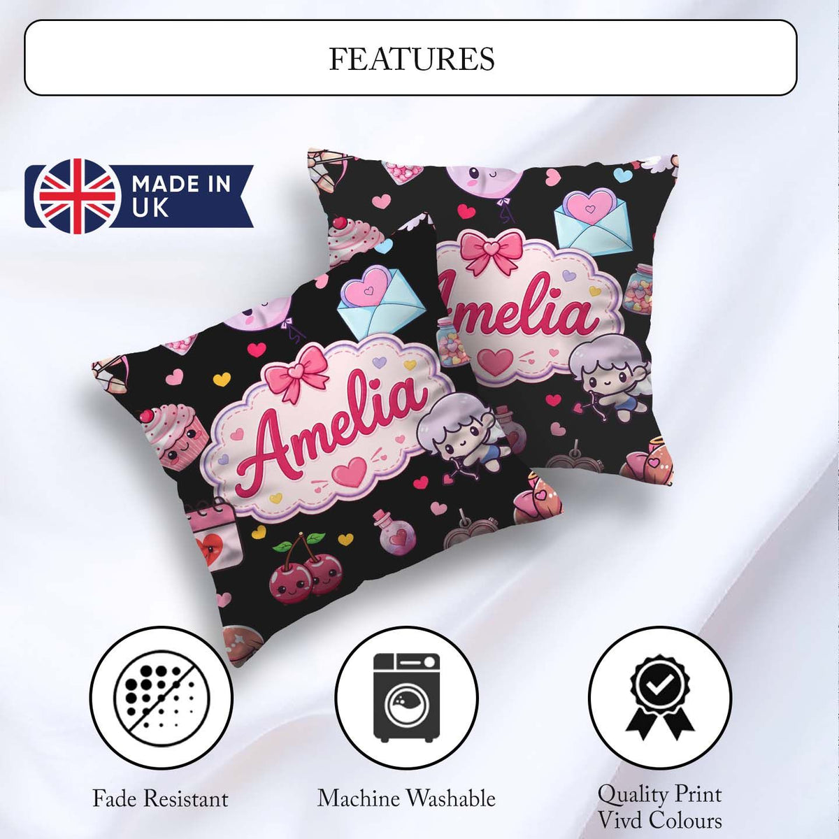 Custom Name Cupid Angels Hearts Sweets Black Background Seamless Square Filled Cushion Throw Pillow Sofa Bed Home Decor Zip Washable UK Made