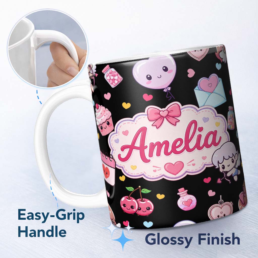Personalized Custom Name Cute Cupid Angels Hearts Sweets Black Background Seamless Pattern 11oz Ceramic Coffee Tea Mug White Large Handle