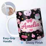 Personalized Custom Name Cute Cupid Angels Hearts Sweets Black Background Seamless Pattern 11oz Ceramic Coffee Tea Mug White Large Handle
