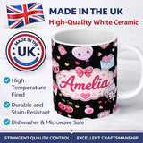 Personalized Custom Name Cute Cupid Angels Hearts Sweets Black Background Seamless Pattern 11oz Ceramic Coffee Tea Mug White Large Handle