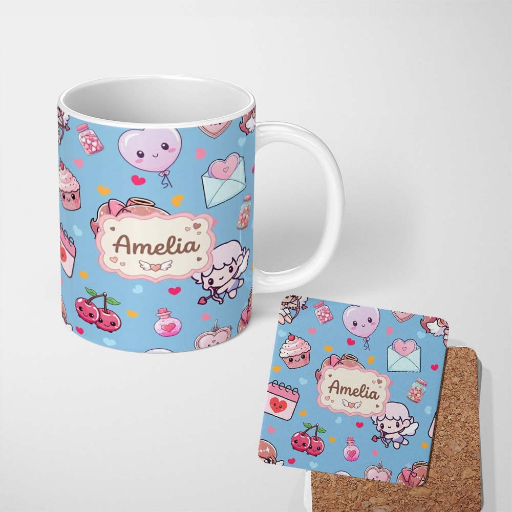 Personalized Custom Name Cute Cupid Angels Hearts Sweets Blue Background Seamless Pattern 11oz Ceramic Coffee Tea Mug White Large Handle
