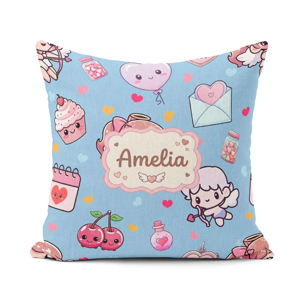 Custom Name Cupid Angels Hearts Blue Background Seamless Pattern Square Filled Cushion Throw Pillow Sofa Bed Home Decor Zip Washable UK Made