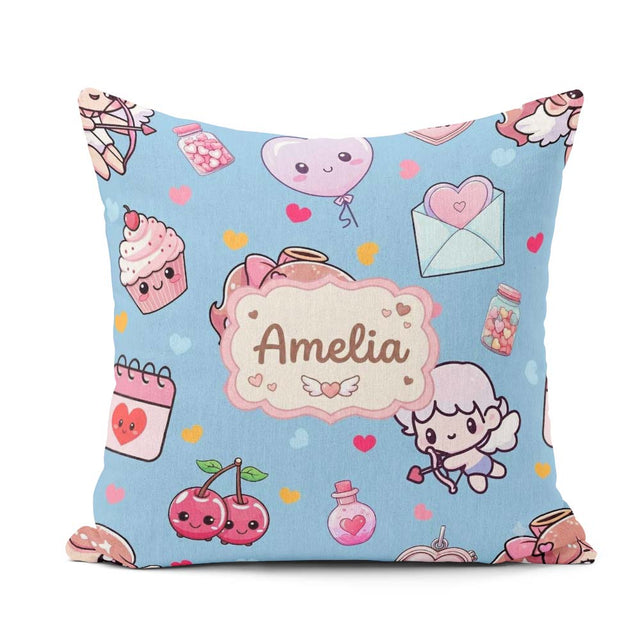 Custom Name Cupid Angels Hearts Blue Background Seamless Pattern Square Filled Cushion Throw Pillow Sofa Bed Home Decor Zip Washable UK Made