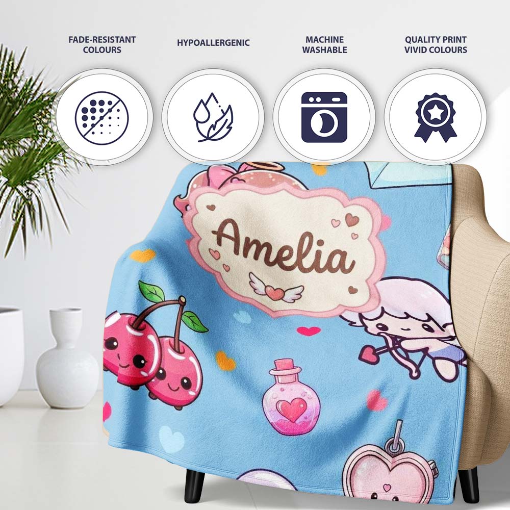 Cute Cupid Angels Hearts Sweets Blue Background Seamless Pattern  Personalised Custom Name Super Soft Fleece Blanket Bed Sofa Throw