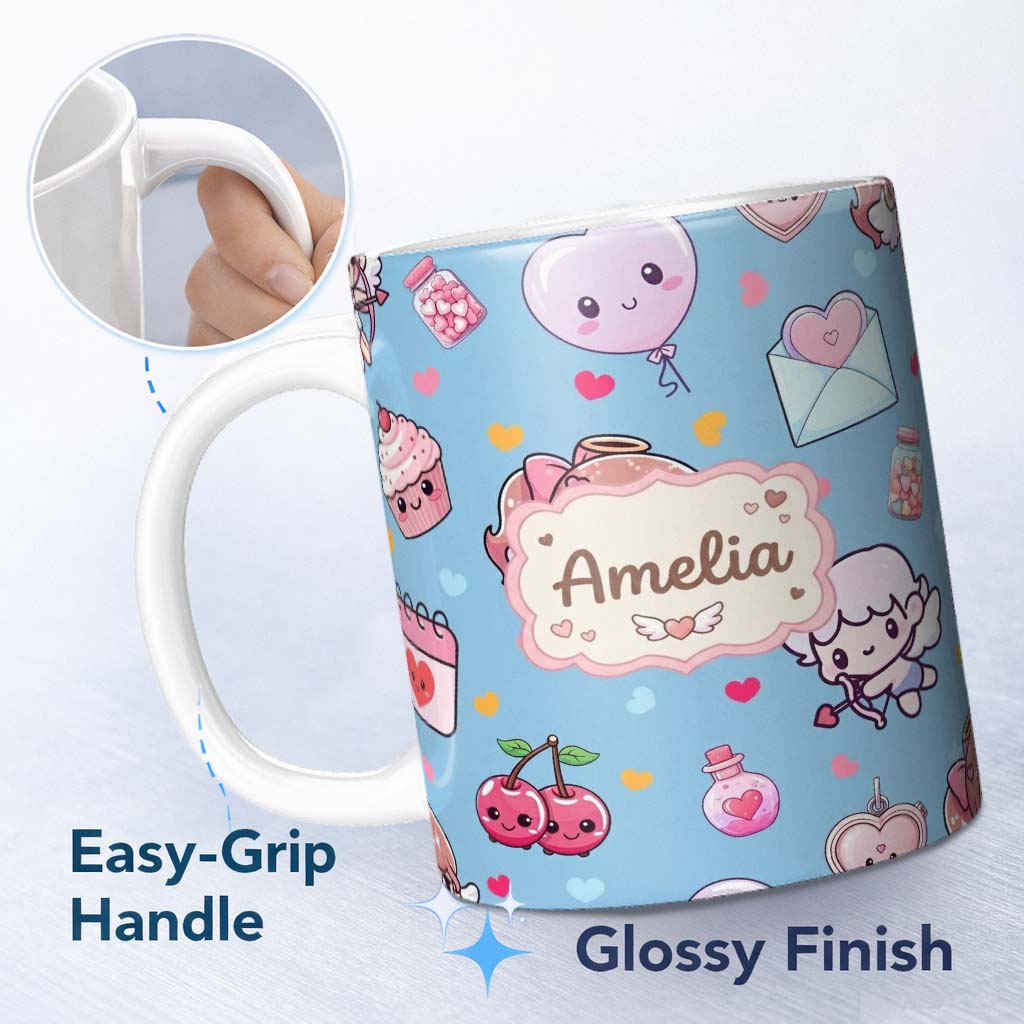 Personalized Custom Name Cute Cupid Angels Hearts Sweets Blue Background Seamless Pattern 11oz Ceramic Coffee Tea Mug White Large Handle