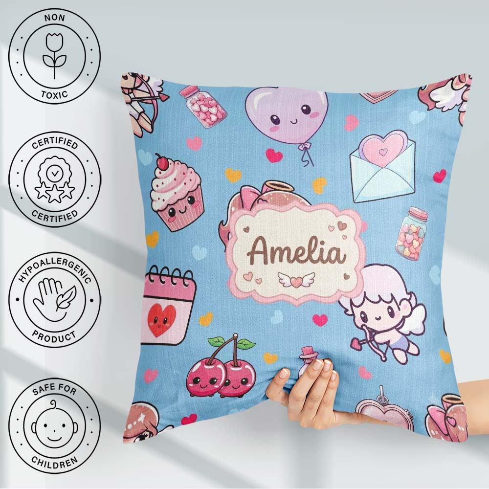 Custom Name Cupid Angels Hearts Blue Background Seamless Pattern Square Filled Cushion Throw Pillow Sofa Bed Home Decor Zip Washable UK Made