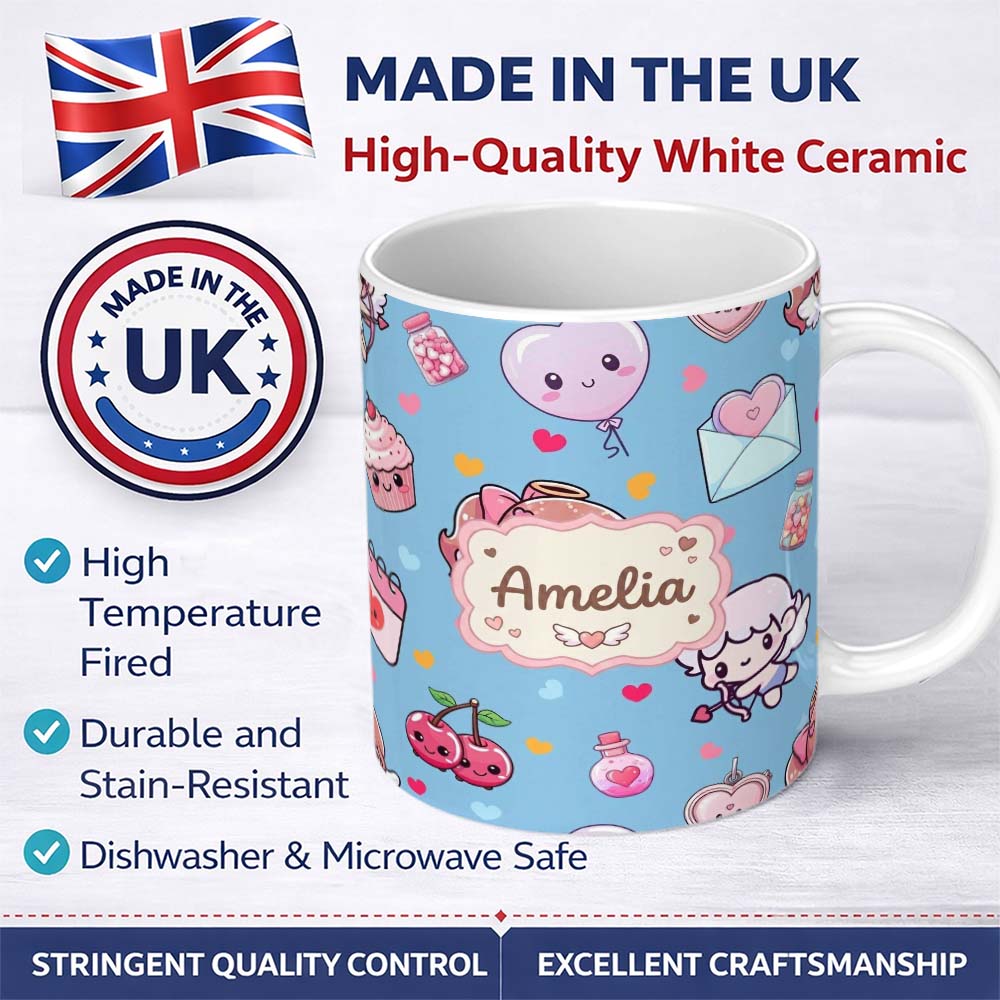 Personalized Custom Name Cute Cupid Angels Hearts Sweets Blue Background Seamless Pattern 11oz Ceramic Coffee Tea Mug White Large Handle