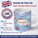 Personalized Custom Name Cute Cupid Angels Hearts Sweets Blue Background Seamless Pattern 11oz Ceramic Coffee Tea Mug White Large Handle