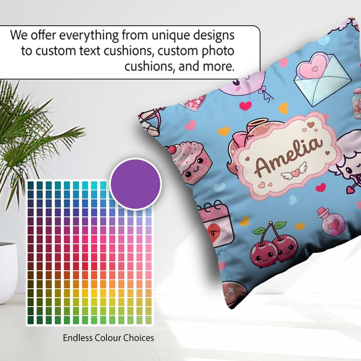 Custom Name Cupid Angels Hearts Blue Background Seamless Pattern Square Filled Cushion Throw Pillow Sofa Bed Home Decor Zip Washable UK Made