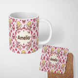 Personalized Custom Name Cute Cupid Angels Hearts Sweets Beige Background Seamless Pattern 11oz Ceramic Coffee Tea Mug White Large Handle