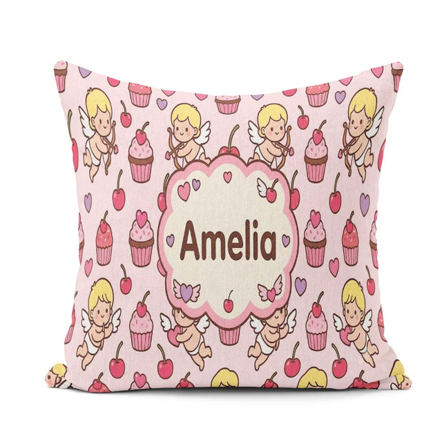 Custom Name Cupid Angels Hearts Sweets Beige Background Seamless Square Filled Cushion Throw Pillow Sofa Bed Home Decor Zip Washable UK Made