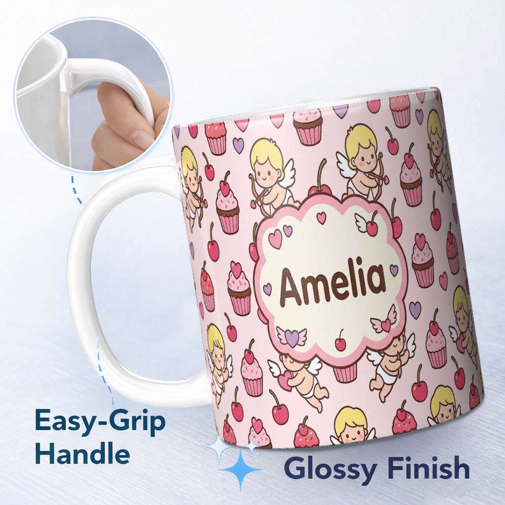 Personalized Custom Name Cute Cupid Angels Hearts Sweets Beige Background Seamless Pattern 11oz Ceramic Coffee Tea Mug White Large Handle