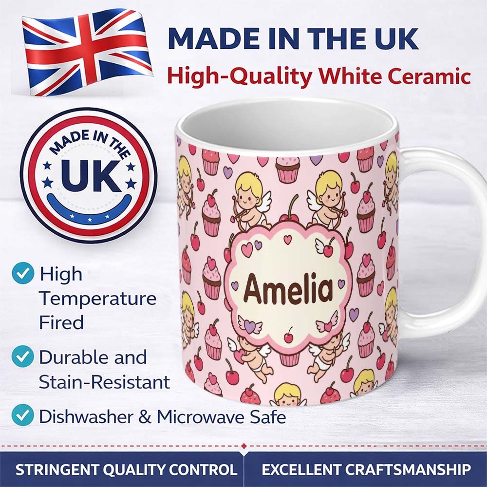 Personalized Custom Name Cute Cupid Angels Hearts Sweets Beige Background Seamless Pattern 11oz Ceramic Coffee Tea Mug White Large Handle