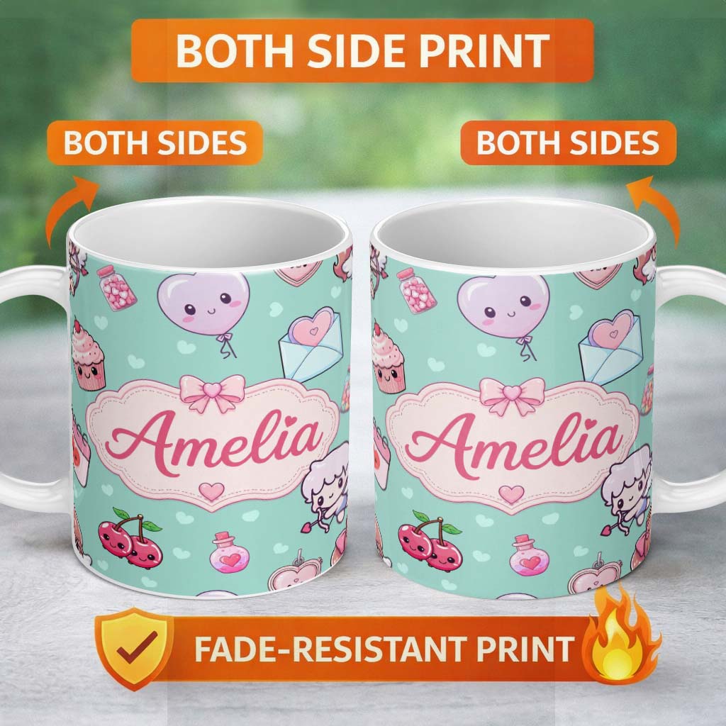 Personalized Custom Name Cute Cupid Angels Hearts Sweets Mint Background Seamless Pattern 11oz Ceramic Coffee Tea Mug White Large Handle