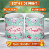 Personalized Custom Name Cute Cupid Angels Hearts Sweets Mint Background Seamless Pattern 11oz Ceramic Coffee Tea Mug White Large Handle