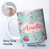 Personalized Custom Name Cute Cupid Angels Hearts Sweets Mint Background Seamless Pattern 11oz Ceramic Coffee Tea Mug White Large Handle