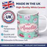 Personalized Custom Name Cute Cupid Angels Hearts Sweets Mint Background Seamless Pattern 11oz Ceramic Coffee Tea Mug White Large Handle