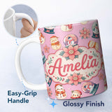 Personalized Custom Name Cute Snowman Snow Globe Poinsettia Flower Christmas Dusty Pink 11oz Ceramic Coffee Tea Mug White Large Handle
