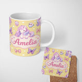 Personalized Custom Name Cute Pastel Unicorn Butterfly Candy Stars Yellow Background Seamless 11oz Ceramic Coffee Tea Mug White Large Handle