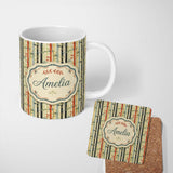 Personalized Custom Name Modern Bamboo Stripes with Red and Blue Accents Seamless Pattern 11oz Ceramic Coffee Tea Mug White Large Handle