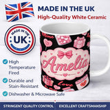Personalized Custom Name Cute Kawaii Valentine Love Hearts Gifts Seamless Pattern White 11oz Ceramic Coffee Tea Mug White Large Handle