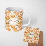 Personalized Custom Name Glazed Croissant Pastry Food Seamless Pattern Cute Unique Gift 11oz Ceramic Coffee Tea Mug White Large Handle