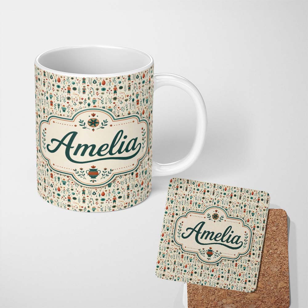 Personalized Custom Name Scandinavian Folk Art Floral and Character Seamless Pattern Nordic 11oz Ceramic Coffee Tea Mug White Large Handle