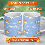 Personalized Custom Name Cute Cartoon Corgi Dogs Bone Blue Background Seamless Pattern Lovely 11oz Ceramic Coffee Tea Mug White Large Handle