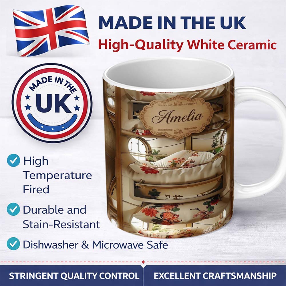 Personalized Custom Name Luxury Capsule Bed Pods with Floral Bedding and Soft Lighting Design 11oz Ceramic Coffee Tea Mug White Large Handle