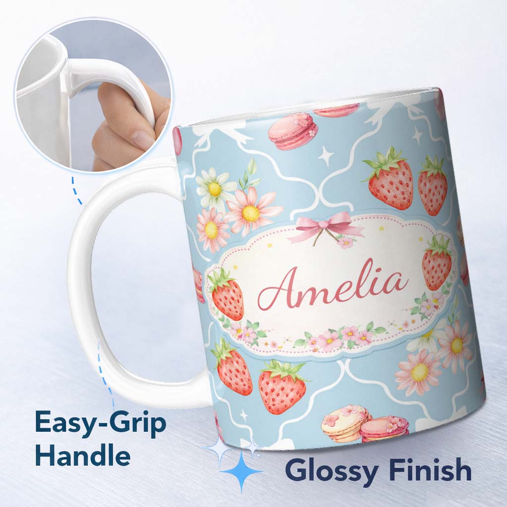 Personalized Custom Name Strawberry Cherry Daisy Seamless Pattern Blue Cute Coquette Floral 11oz Ceramic Coffee Tea Mug White Large Handle