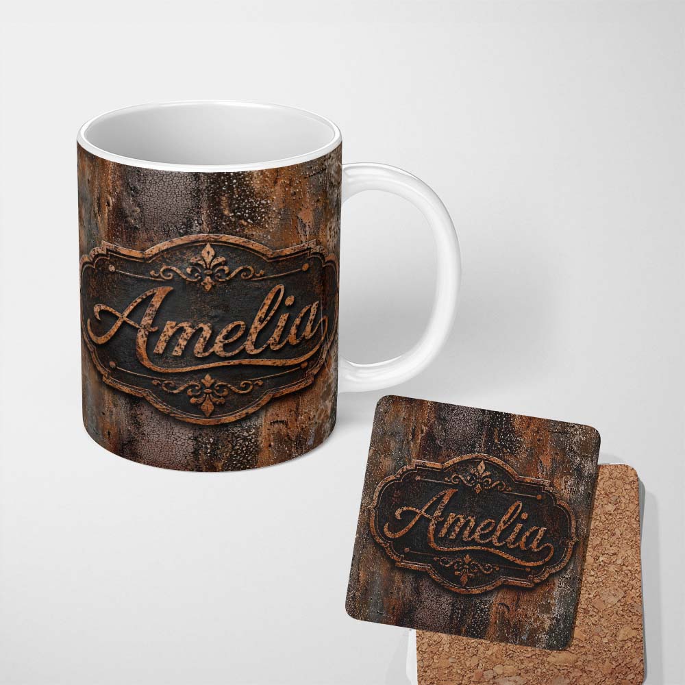 Personalized Custom Name Distressed Rust Metal Surface Texture Dark Brown Grunge Seamless 11oz Ceramic Coffee Tea Mug White Large Handle