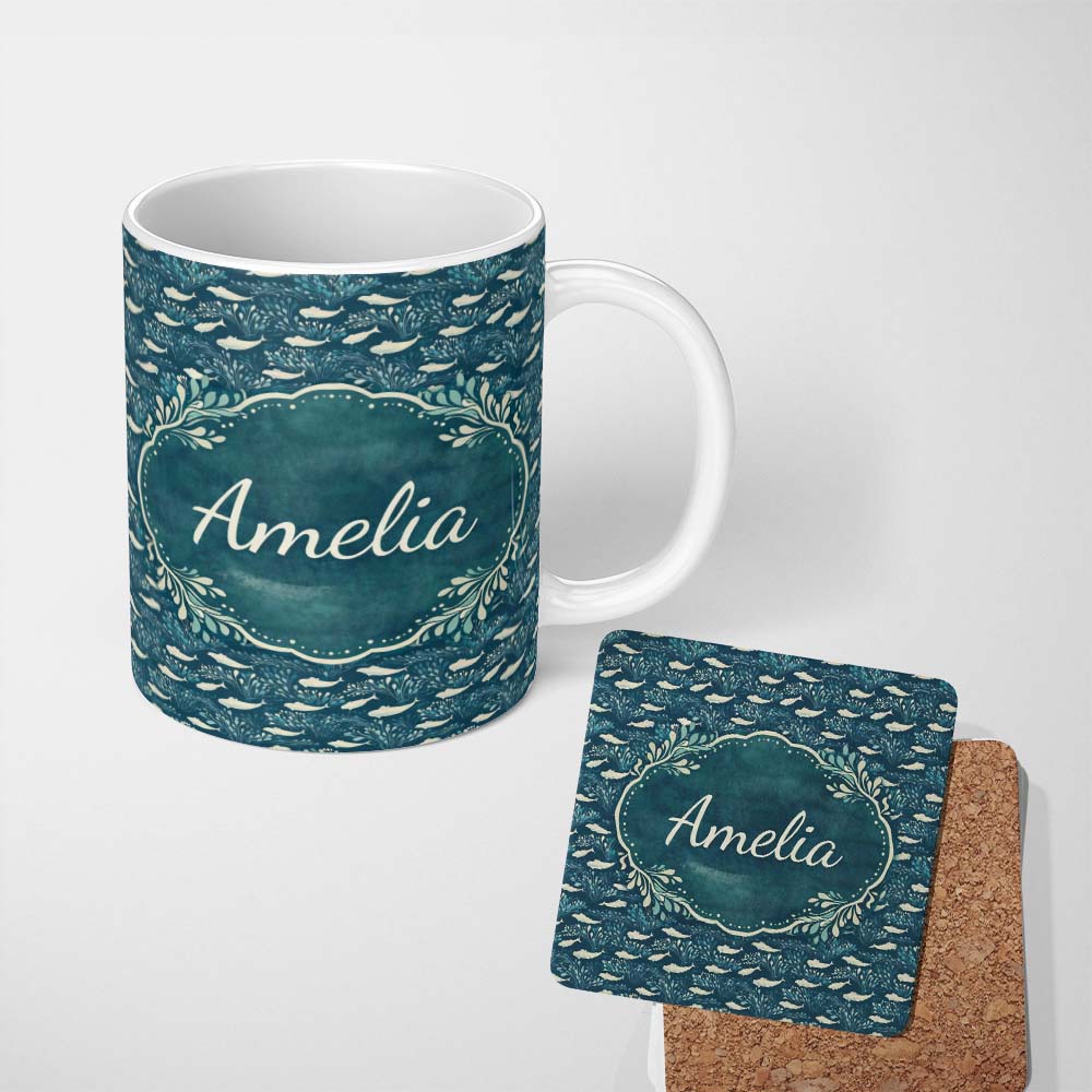 Personalized Custom Name Dark Blue Whale Seamless Pattern Ocean Marine Animal Silhouette 11oz Ceramic Coffee Tea Mug White Large Handle
