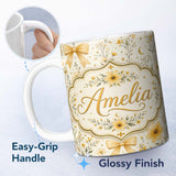 Personalized Custom Name Elegant Yellow Floral Bow Botanical Seamless Pattern Lovely 11oz Ceramic Coffee Tea Mug White Large Handle