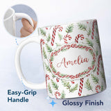 Personalized Custom Name Minimal Candy Cane Leaf Botanical Christmas Seamless Pattern Lovely 11oz Ceramic Coffee Tea Mug White Large Handle