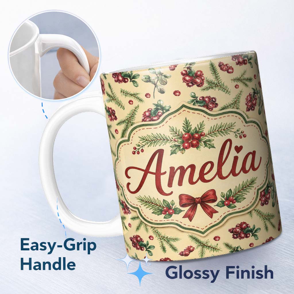 Personalized Custom Name Watercolor Holly Berries Pine Branches and Botanical Christmas 11oz Ceramic Coffee Tea Mug White Large Handle
