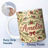 Personalized Custom Name Watercolor Holly Berries Pine Branches and Botanical Christmas 11oz Ceramic Coffee Tea Mug White Large Handle