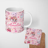 Personalized Custom Name Cute Cupid Angels Hearts Sweets Pink Background Seamless Pattern 11oz Ceramic Coffee Tea Mug White Large Handle