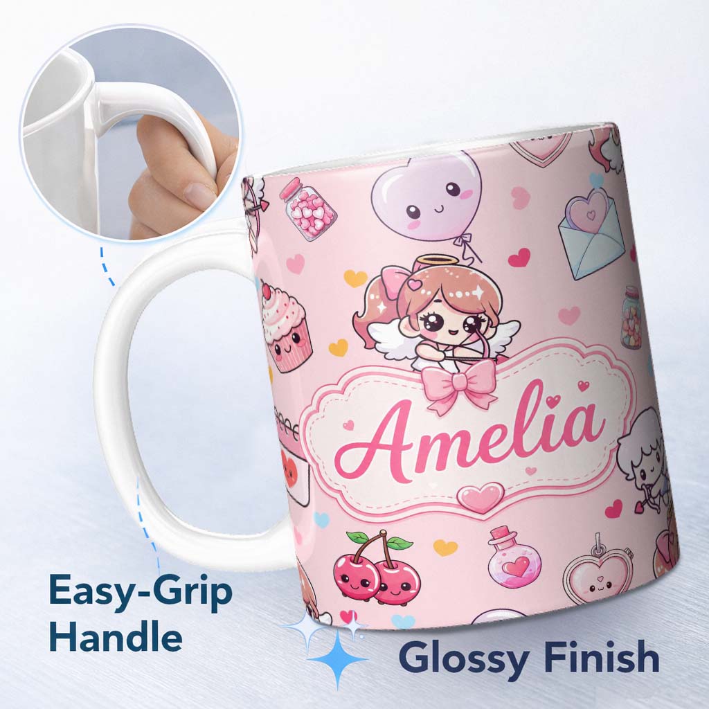Personalized Custom Name Cute Cupid Angels Hearts Sweets Pink Background Seamless Pattern 11oz Ceramic Coffee Tea Mug White Large Handle