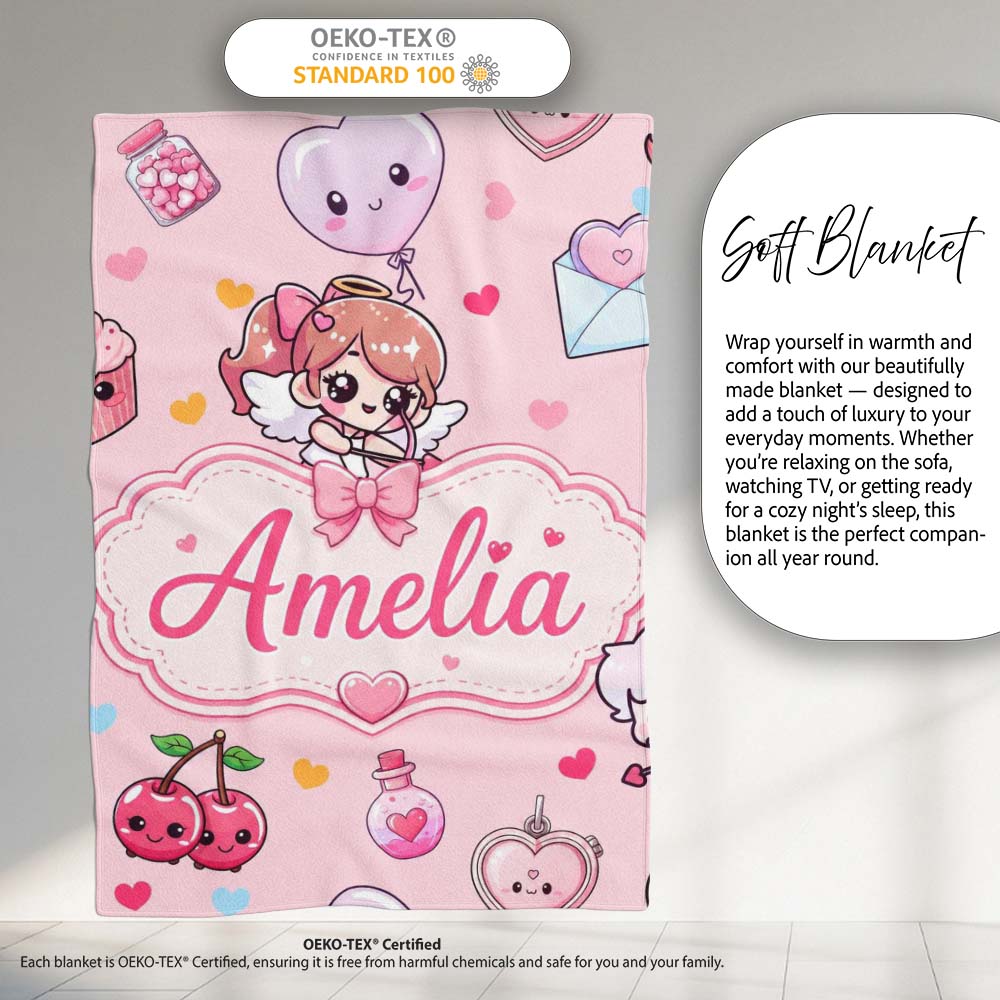 Cute Cupid Angels Hearts Sweets Pink Background Seamless Pattern  Personalised Custom Name Super Soft Fleece Blanket Bed Sofa Throw