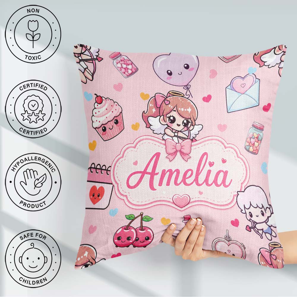 Custom Name Cupid Angels Hearts Pink Background Seamless Pattern Square Filled Cushion Throw Pillow Sofa Bed Home Decor Zip Washable UK Made