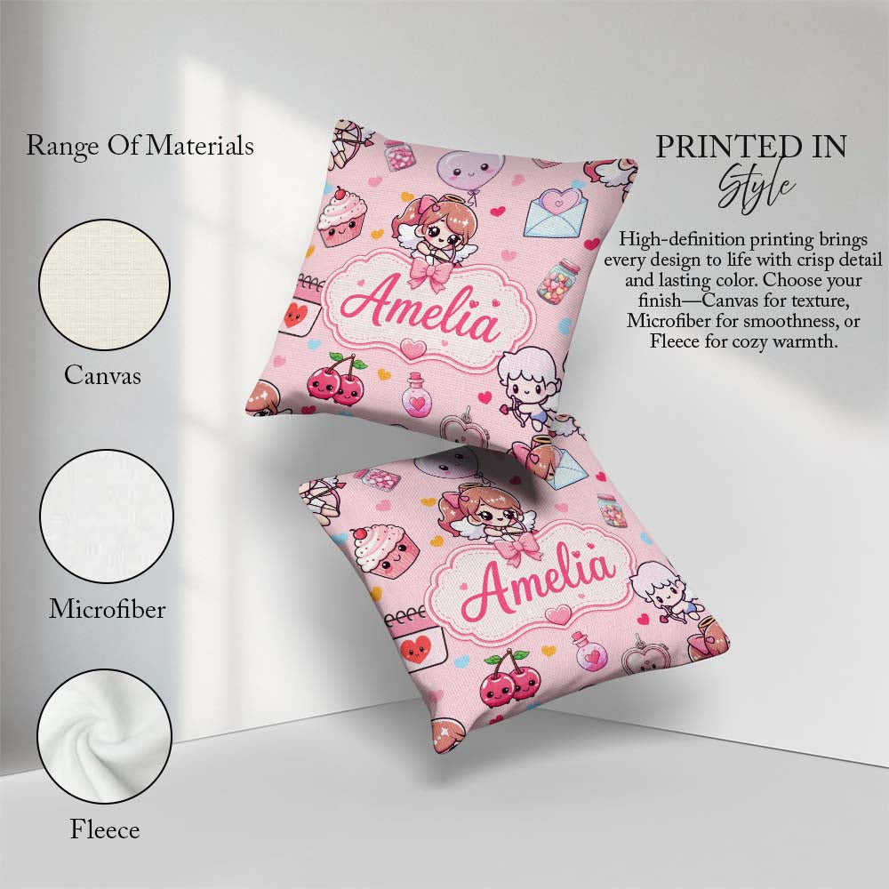 Custom Name Cupid Angels Hearts Pink Background Seamless Pattern Square Filled Cushion Throw Pillow Sofa Bed Home Decor Zip Washable UK Made