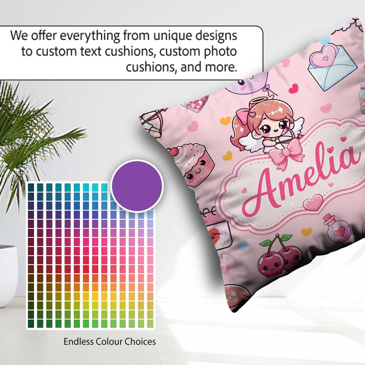Custom Name Cupid Angels Hearts Pink Background Seamless Pattern Square Filled Cushion Throw Pillow Sofa Bed Home Decor Zip Washable UK Made
