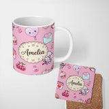 Personalized Custom Name Cute Cupid Angels Hearts Sweets Lilac Background Seamless Pattern 11oz Ceramic Coffee Tea Mug White Large Handle